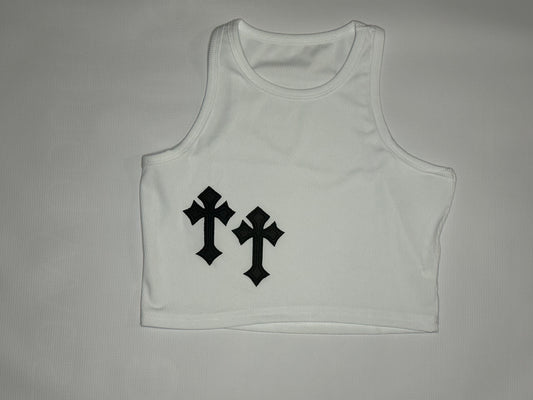 White Crop Top w/ Black Crosses